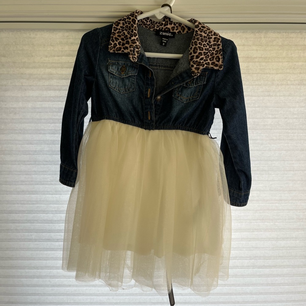 Kids Denim and White Tulle Dress with belt
